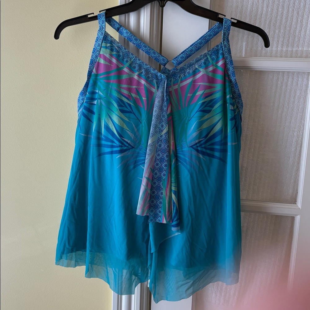 18W Beach House Tropical Blue and Pink Swim Top Tankini handkerchief hem - Picture 2 of 5